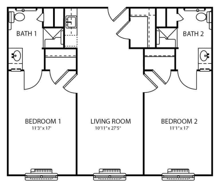 Two-bedroom assisted living apartment floor plan in Macedonia, Ohio.