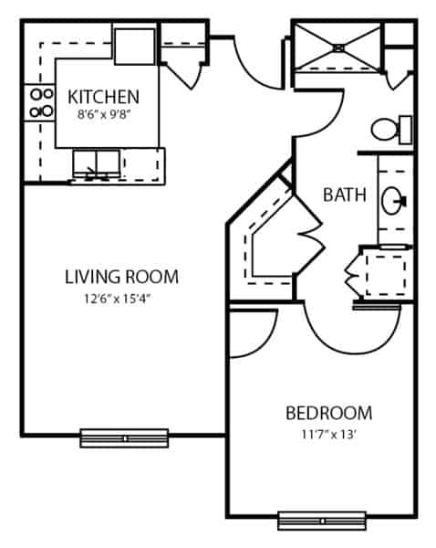 Independent living one-bedroom apartment floor plan in Macedonia, Ohio.