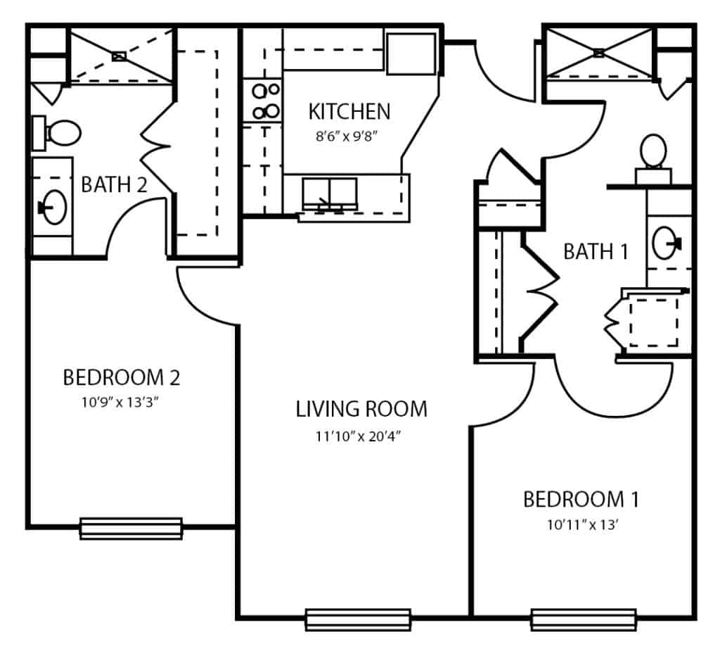 Independent living two-bedroom apartment floor plan in Macedonia, Ohio.