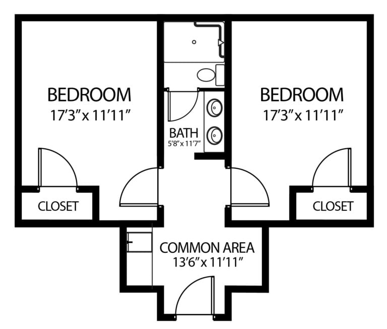 two-bedroom apartment with separate bedrooms and a shared bathroom and common area