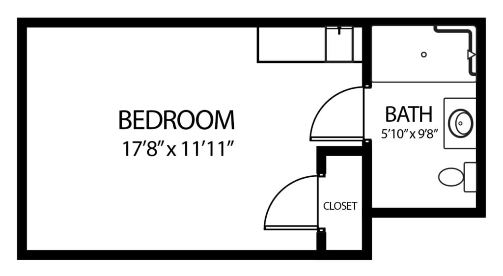 studio apartment with private bathroom, closet and kitchenette