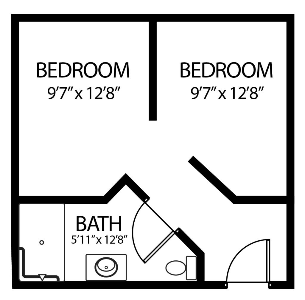 two-bedroom apartment with separate bedrooms and a shared bathroom
