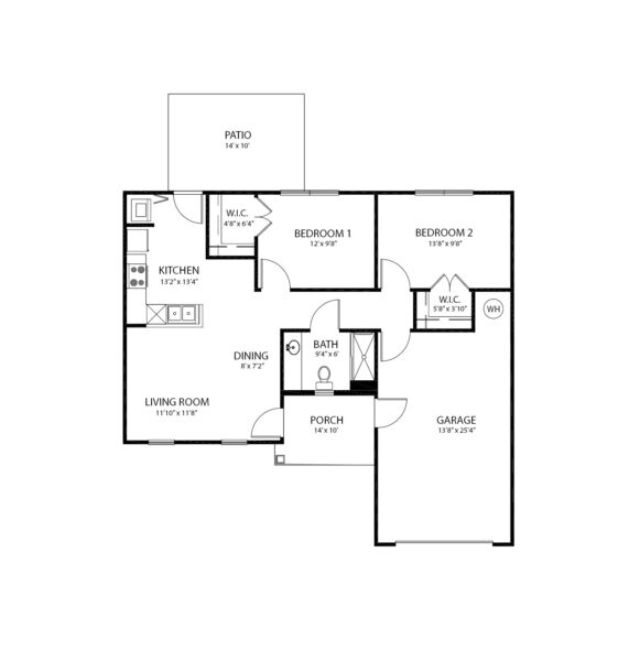 Two-bedroom apartment floorplan with living room, bathroom, kitchen, garage, porch and large closets at a senior living community in Anderson, South Carolina.