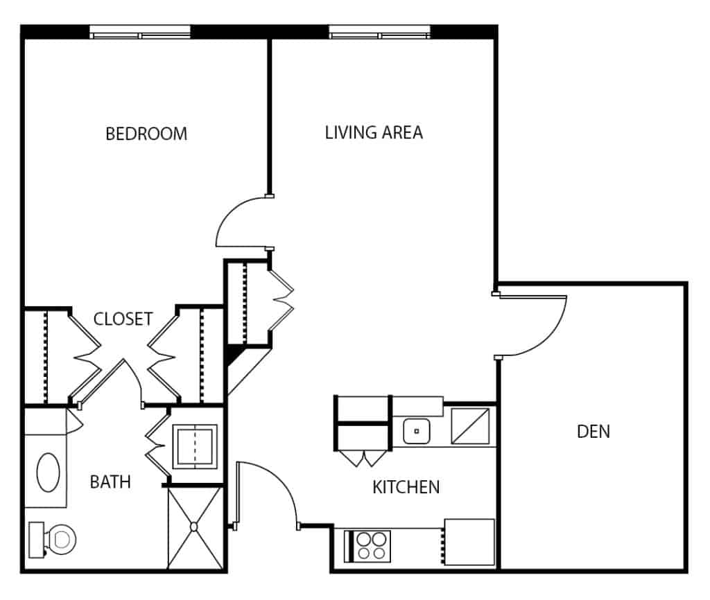 Independent living one-bedroom plus den with patio apartment floor plan in Irving, Texas.