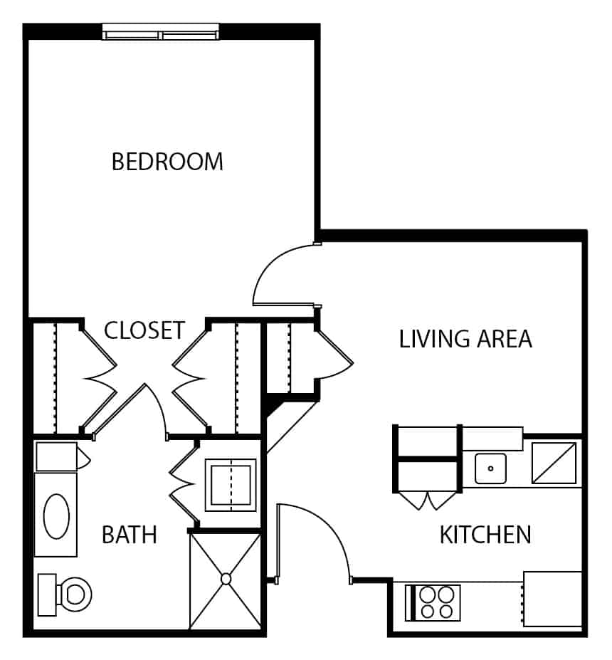 Independent living one-bedroom with full kitchen apartment floor plan in Irving, Texas.