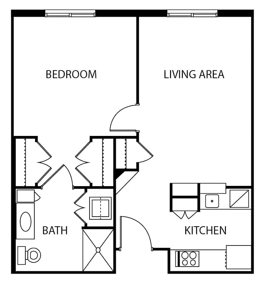 Independent living one-bedroom floor plan in Irving, Texas.