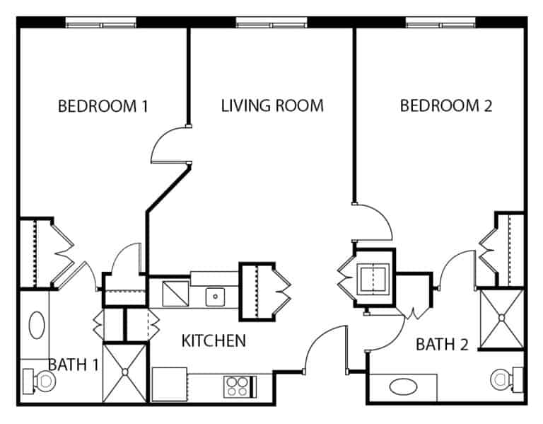 Independent living two bedroom, two bathroom apartment floor plan in Irving, Texas.