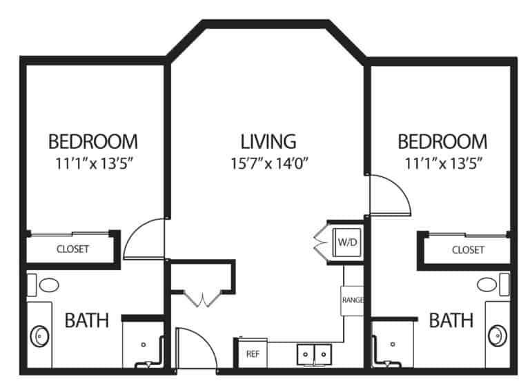 Assisted living two-bedroom, two-bathroom apartment floor plan in Springfield, Massachusetts.