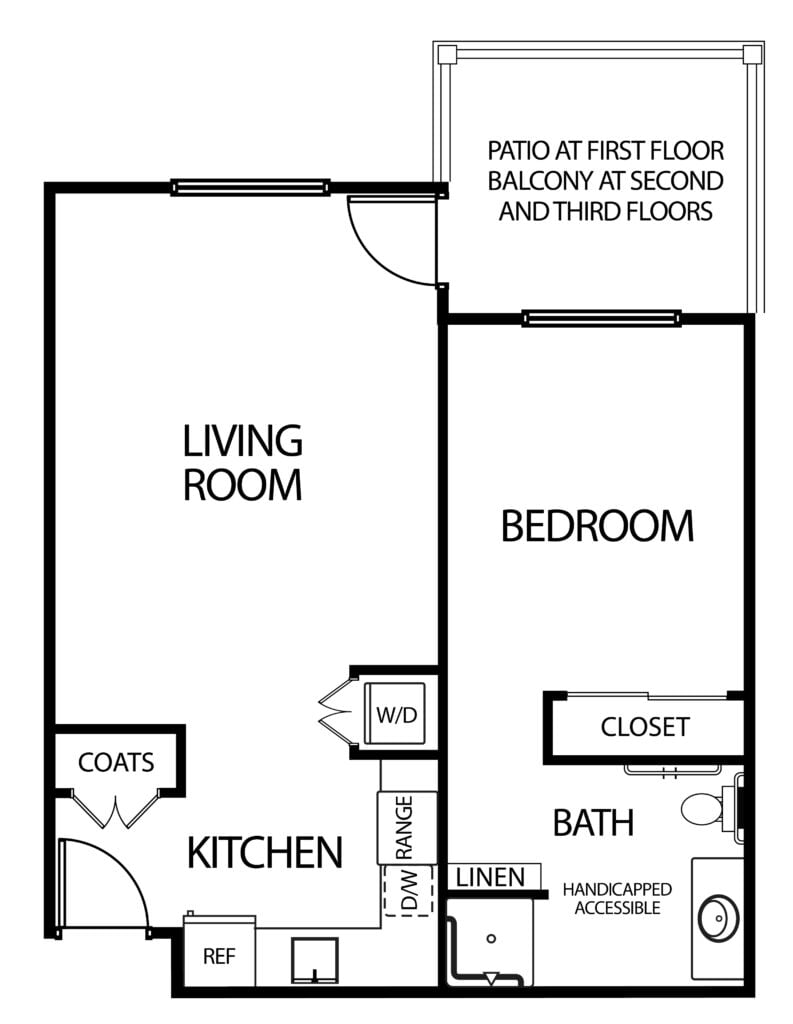 One-bedroom floorplan with full kitchen and patio/balcony at senior living community in Springfield, Massachusetts.