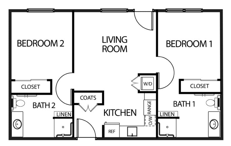 Two-bedroom, two-bath floorplan with full kitchen at senior living community in Springfield, Massachusetts.