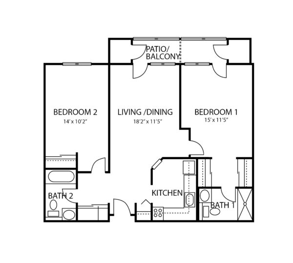 Two-bedroom apartment floorplan with living room, two bathrooms, kitchen and patio at a senior living community in Williamsville, New York.