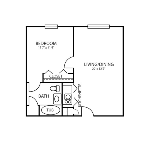 One-bedroom apartment with living room, bathroom and kitchenette at senior living community in Indianapolis, Indiana.