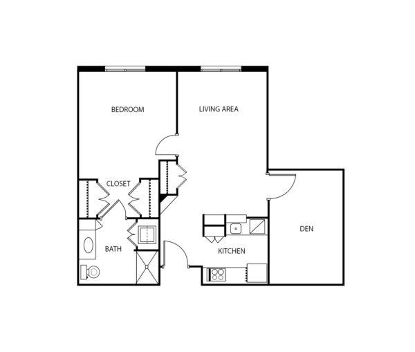 Two-bedroom apartment floorplan with living room, bathroom and kitchen at a senior living community in Irving, Texas.