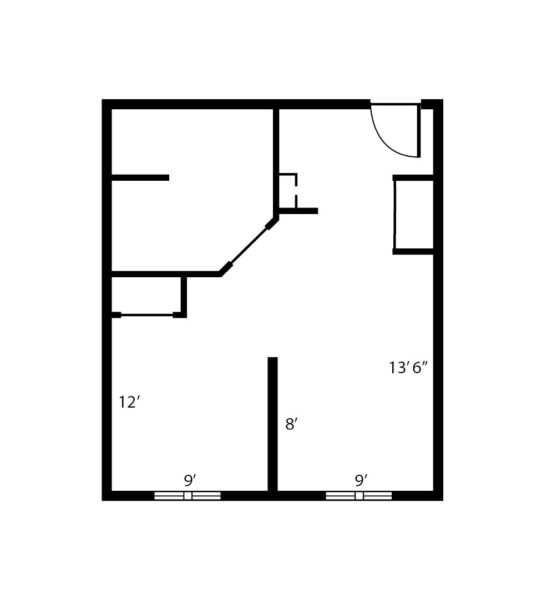One-bedroom apartment floorplan with living area and large closets at a senior living community in Colby, Wisconsin.