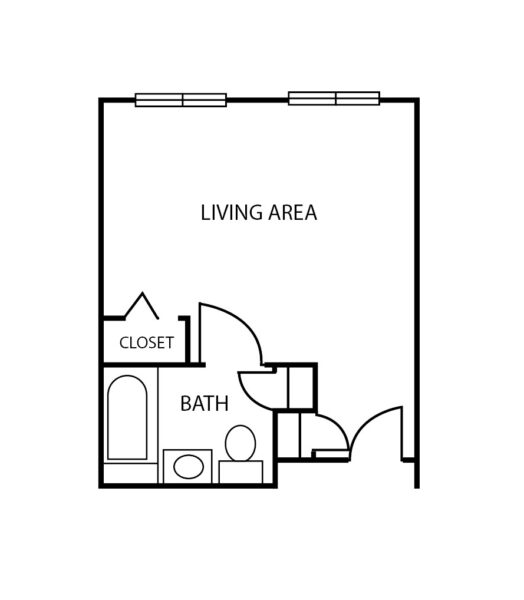 Studio apartment floorplan with private bathroom and walk-in closet at a senior living community in Corpus Christi, Texas.