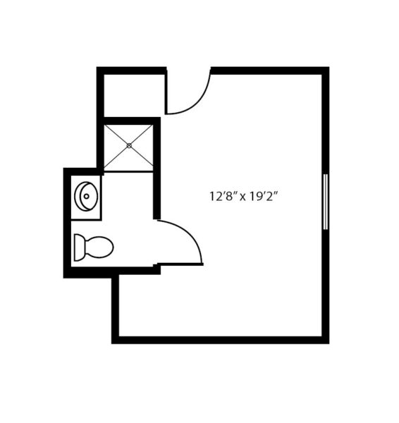 Studio apartment floorplan with private bathroom at a senior living community in Pensacola, Florida.