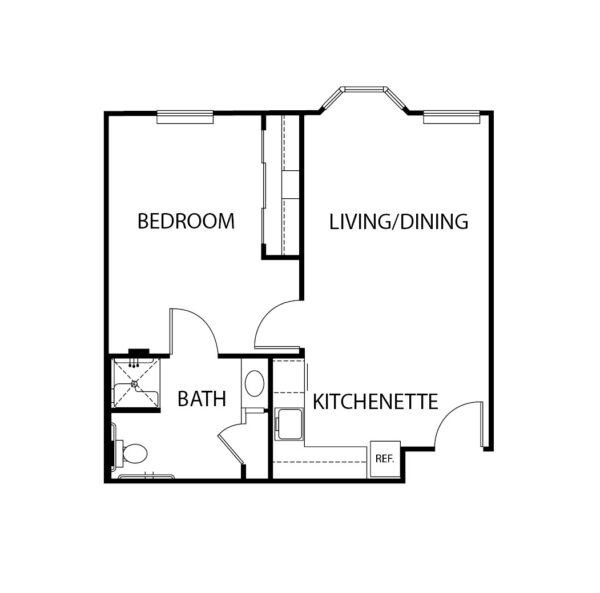 One-bedroom apartment floorplan with living room, bathroom and kitchenette at a senior living community in Baytown, Texas.