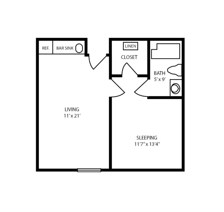 One-bedroom apartment floorplan with living room, bathroom and walk-in closet at a senior living community in Pensacola, Florida.