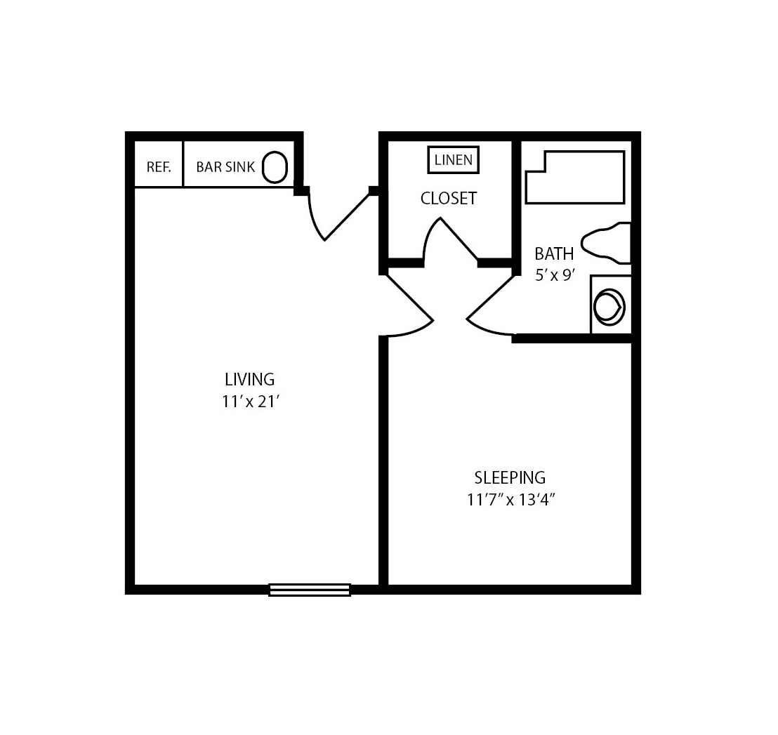 One-bedroom apartment floor plan with a living room, bathroom and walk-in closet at a senior living community in Pensacola, Florida