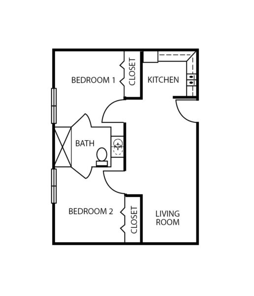 Two-bedroom apartment floorplan with living room, bathroom and kitchen at senior living community in College Station, Texas.
