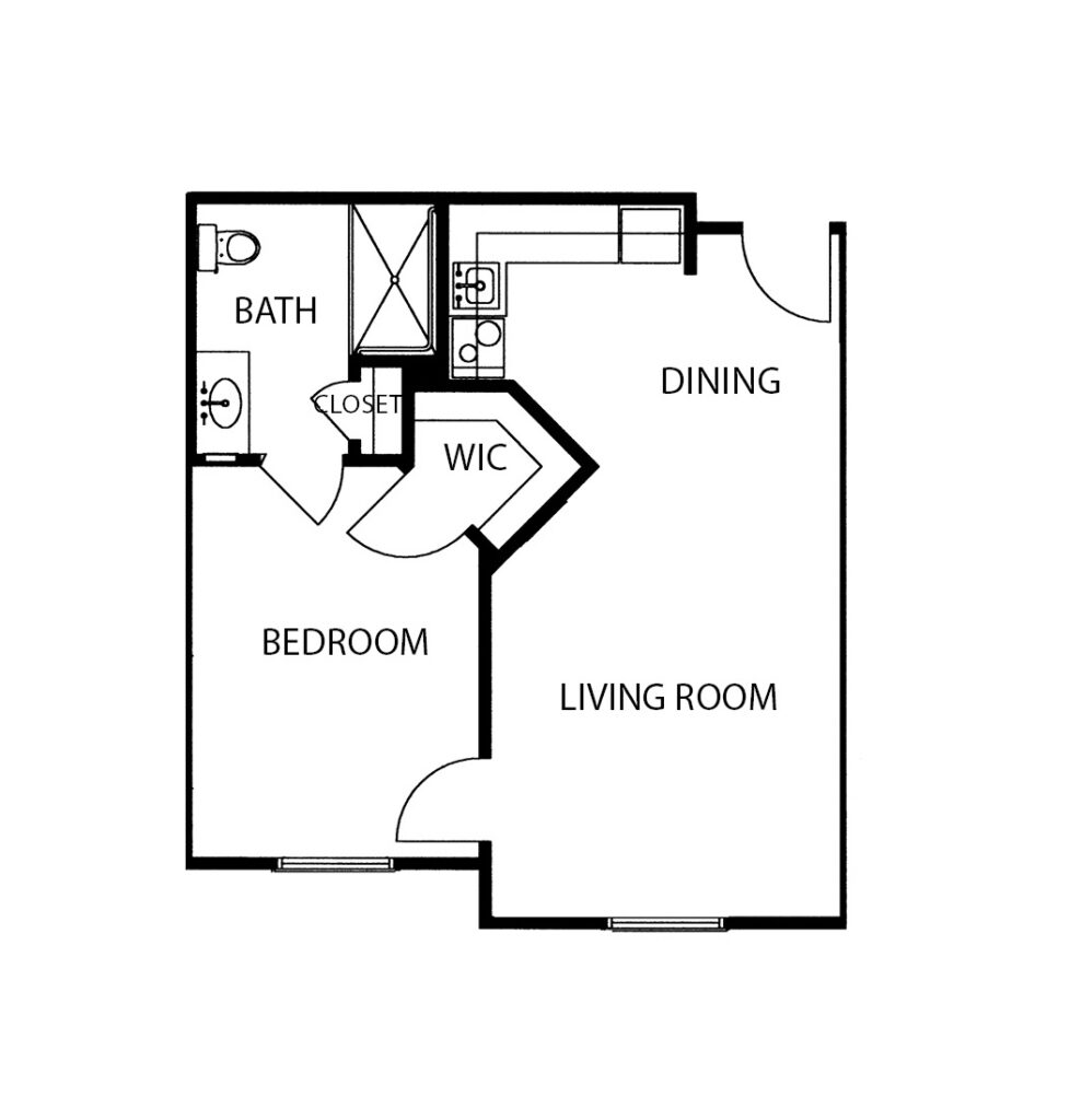 One-bedroom apartment floorplan with living room, bathroom and kitchenette at a senior living community in Fairfield, Ohio.