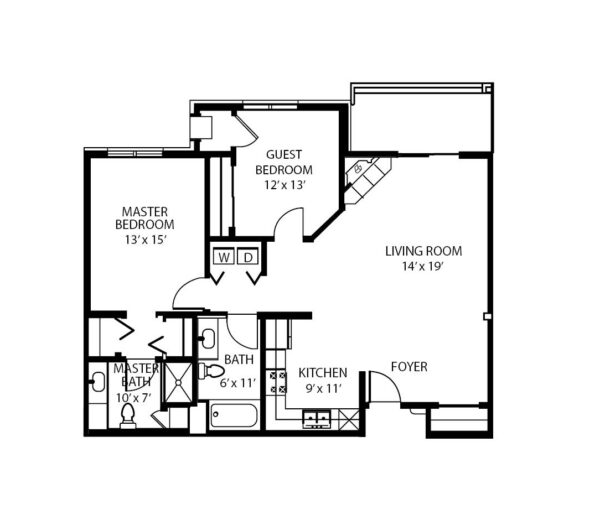 Two-bedroom apartment floorplan with living room, two bathrooms, kitchen and in-unit washer and dryer at a senior living community in Fitchburg, Wisconsin.