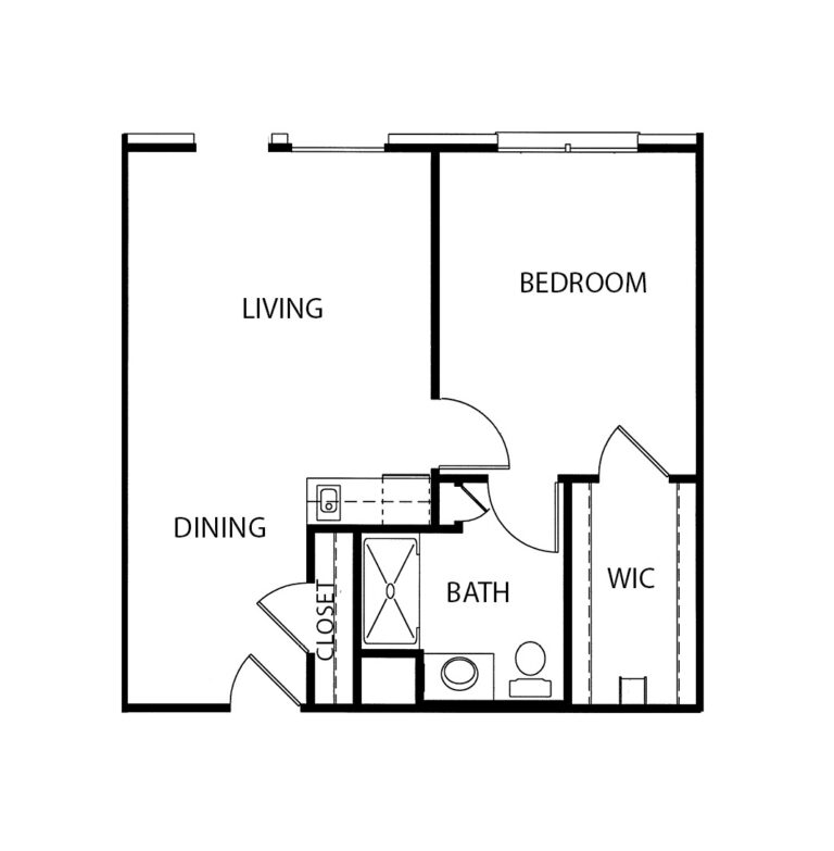 One-bedroom apartment with living room, bathroom and kitchenette at a senior living community in Fort Worth, Texas.