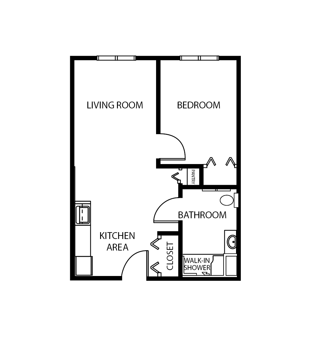One-bedroom apartment floor plan with a living room, bathroom and kitchen at senior living community in Hartford, Wisconsin