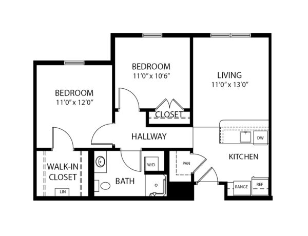 Two-bedroom apartment floorplan with living room, bathroom, in-unit washer/dryer and kitchen at a senior living community in Perrysburg, Ohio.