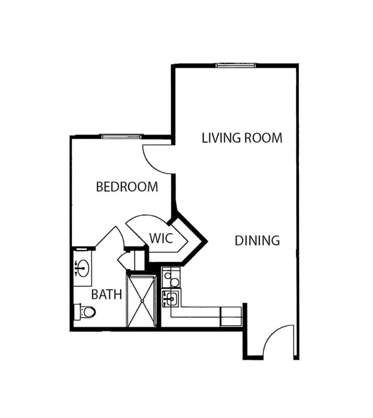 One-bedroom apartment floorplan with living room, bathroom and kitchen at a senior living community in Mansfield, Ohio.