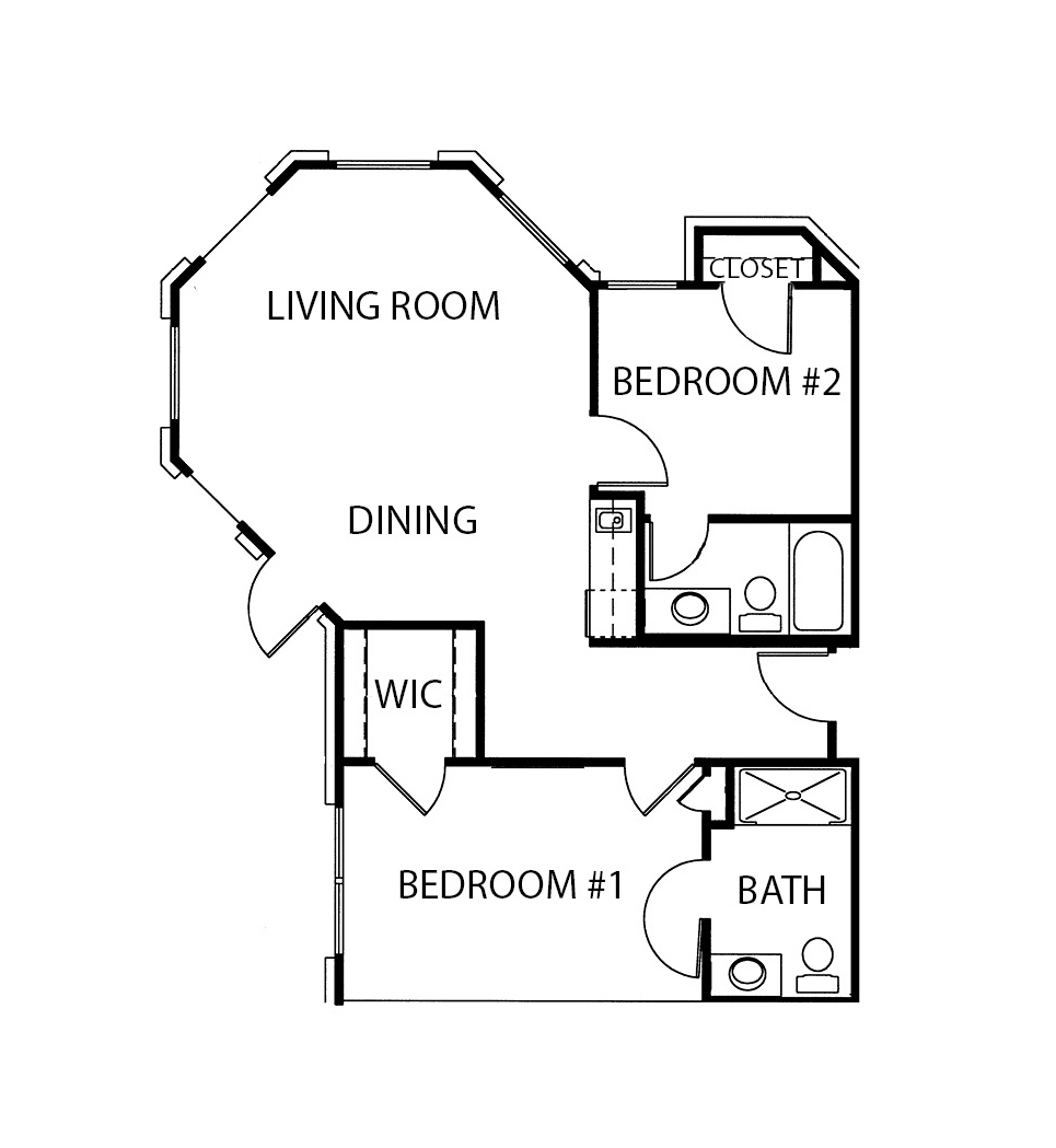 Two-bedroom apartment floor plan with a living room, two bathrooms and kitchenette at a senior living community in Mesquite, Texas