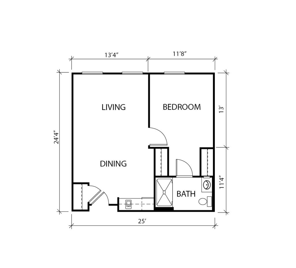 One-bedroom apartment floorplan with living room, bathroom and kitchenette at a senior living community in Plano, Texas.