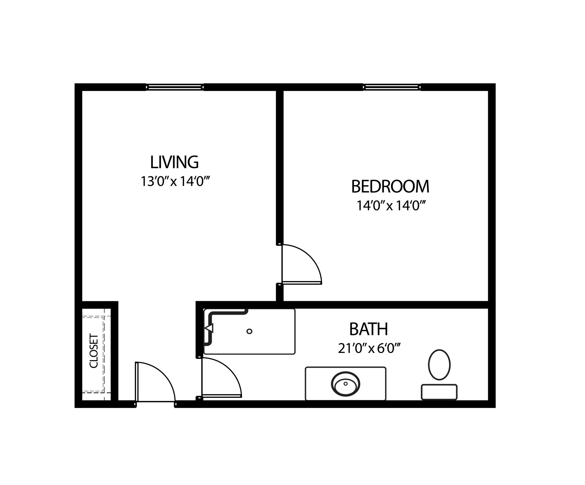 One-bedroom apartment floor plan with a living room, walk-in closet and large bathroom in Plymouth, Wisconsin