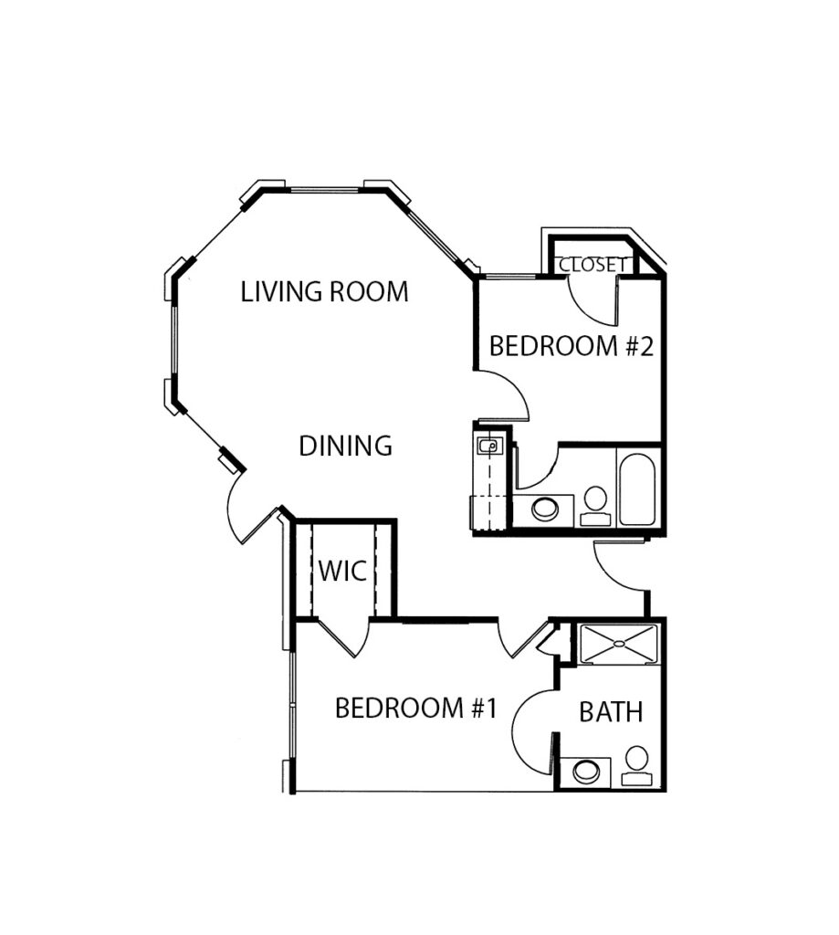 Two-bedroom apartment floorplan with living room, two bathrooms and kitchenette at a senior living community in San Antonio, Texas.