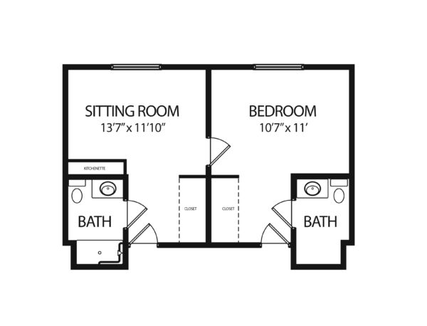 One-bedroom apartment floorplan with living room, two bathrooms and kitchenette at a senior living community in Virginia Beach, Virginia.
