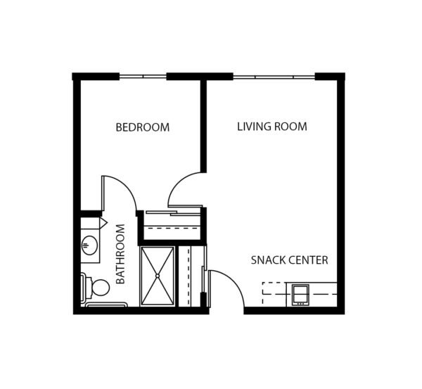 One-bedroom apartment with living room, bathroom and kitchenette at senior living community in West Bend, Wisconsin.