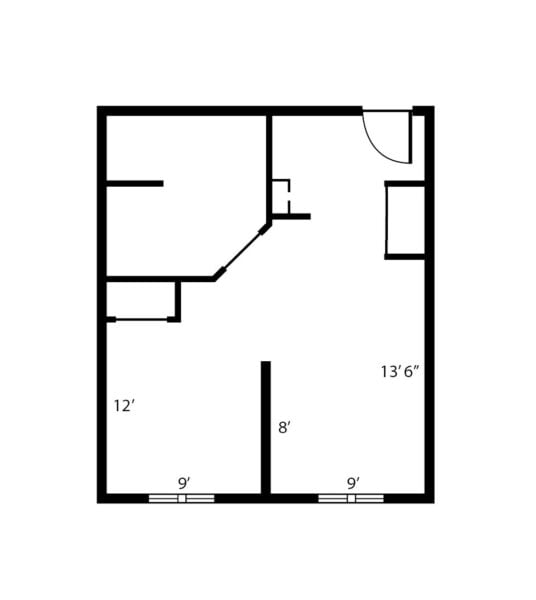 Apartment layout floorplan with three separate rooms and two closets at a senior living facility in Wisconsin Rapids, Wisconsin.