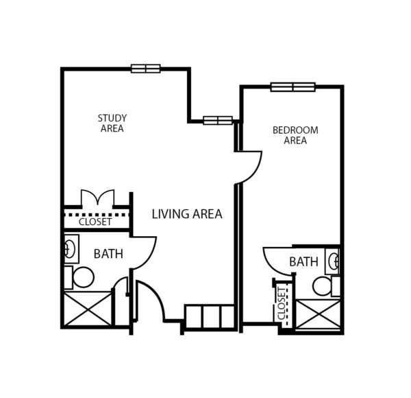 One-bedroom apartment with living room, two bathrooms and walk-in closets at senior living community in Arlington, Texas.