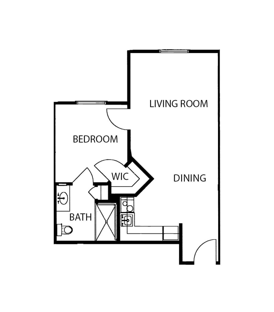 One-bedroom apartment with living room, bathroom and kitchen at a senior living facility in Ridgeland, Mississippi.