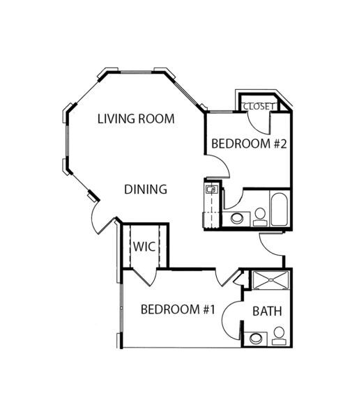 Two-bedroom apartment floorplan with living room, two bathrooms and kitchenette at a senior living community in San Antonio, Texas.