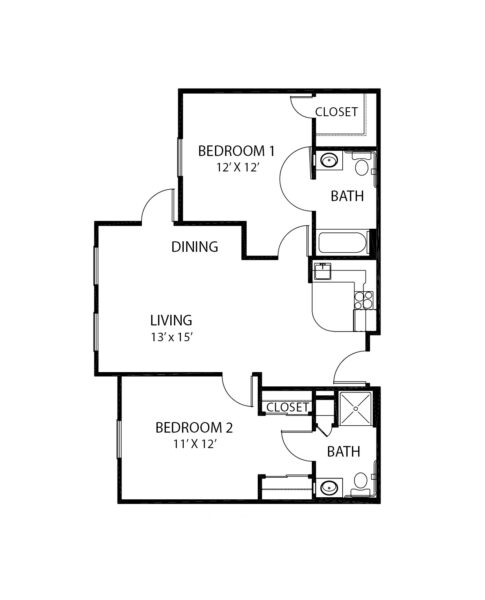 Two-bedroom apartment floorplan with living room, two bathrooms and kitchen at a senior living community in Richardson, Texas.