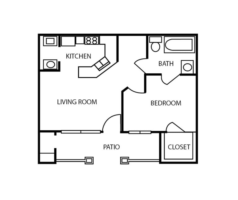 One-bedroom apartment floorplan with living room, bathroom, kitchen and patio at a senior living community in Conroe, Texas.