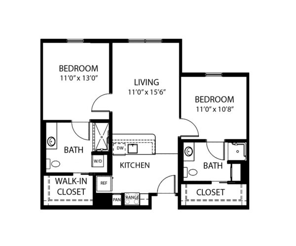 Two-bedroom apartment floorplan with living room, two bathrooms and kitchen at a senior living community in Dayton, Ohio.