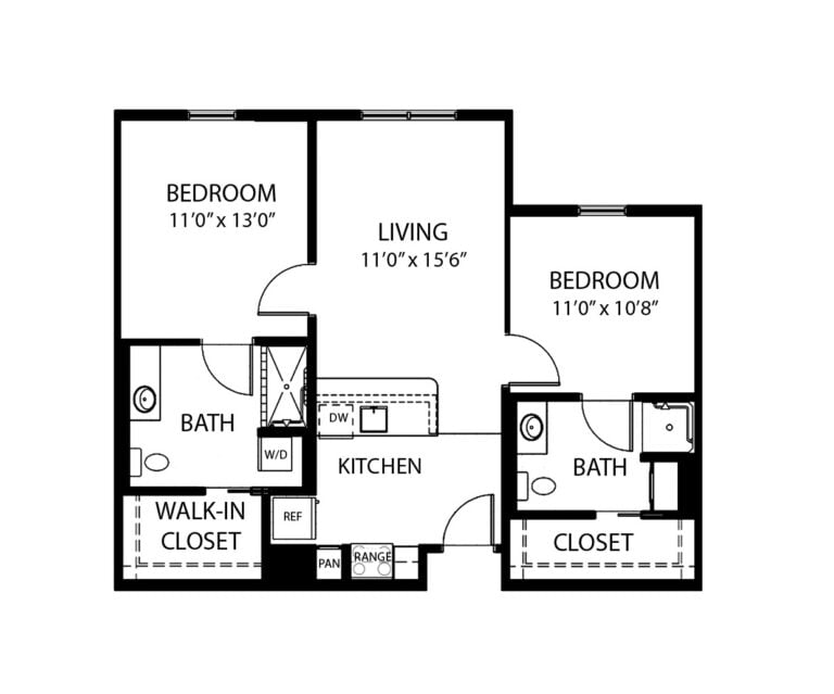Two-bedroom apartment floorplan with living room, two bathrooms and kitchen at a senior living community in Dayton, Ohio.