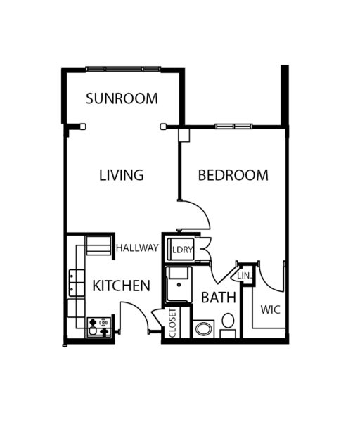 One-bedroom apartment floorplan with living room, bathroom, sunroom and kitchen at a senior living community in Cincinnati, Ohio.