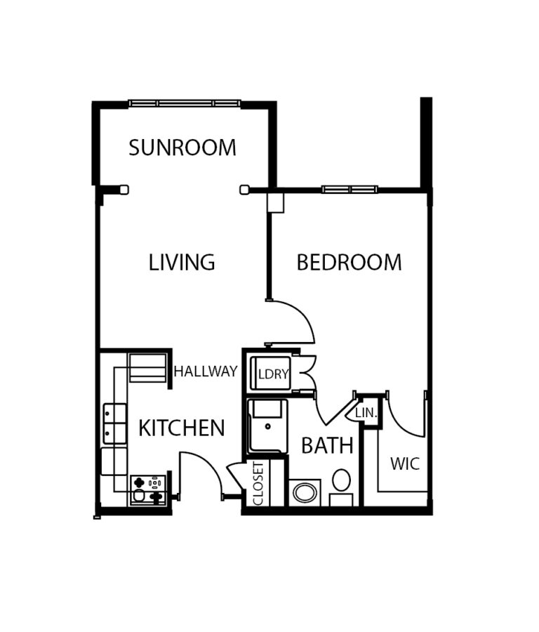 One-bedroom apartment floorplan with living room, bathroom, sunroom and kitchen at a senior living community in Cincinnati, Ohio.