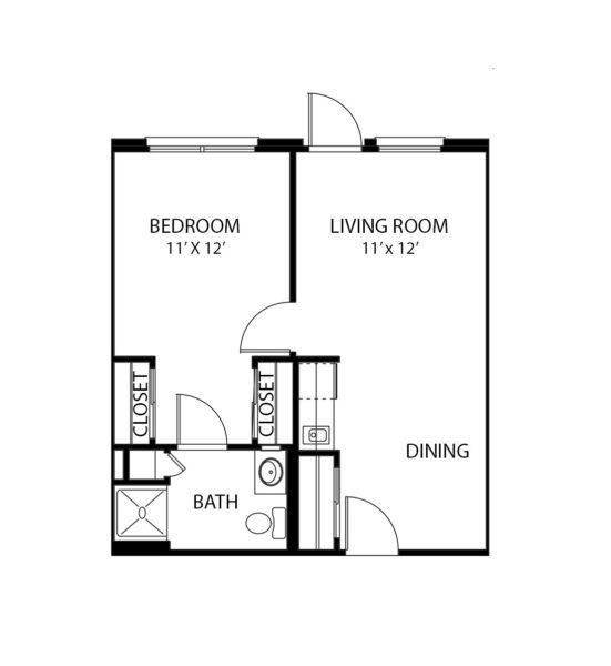 One-bedroom apartment floorplan with living room, bathroom and kitchenette at a senior living community in North Richland Hills, Texas.