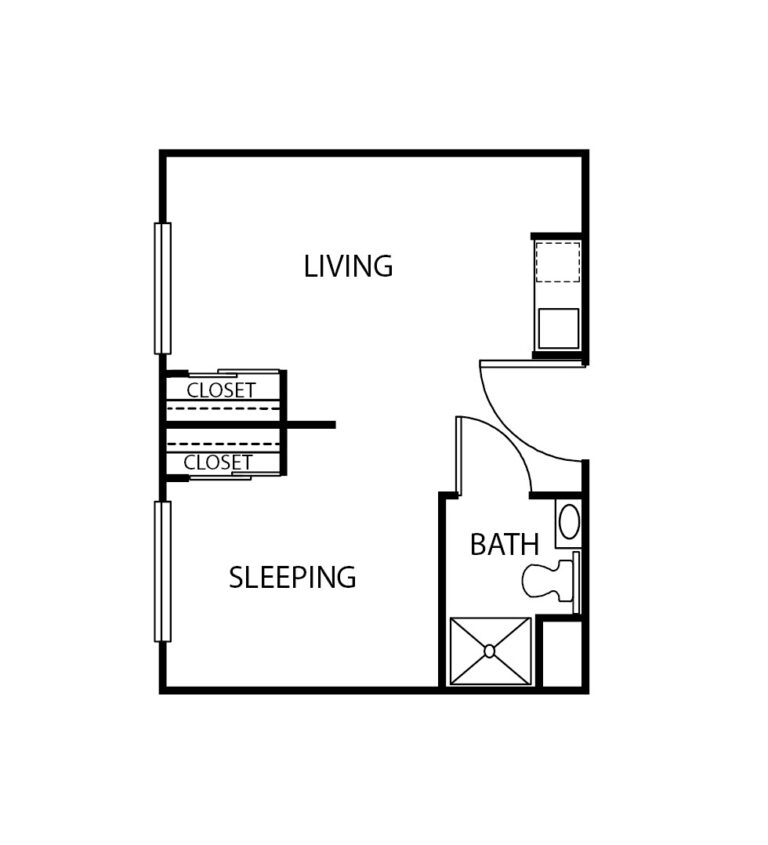 One-bedroom apartment with living room, bathroom and walk-in closets at a senior living facility in Indianapolis, Indiana.