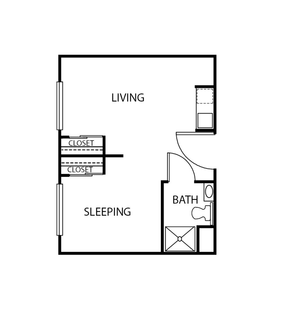 One-bedroom apartment with living room, bathroom and walk-in closets at a senior living facility in Indianapolis, Indiana.