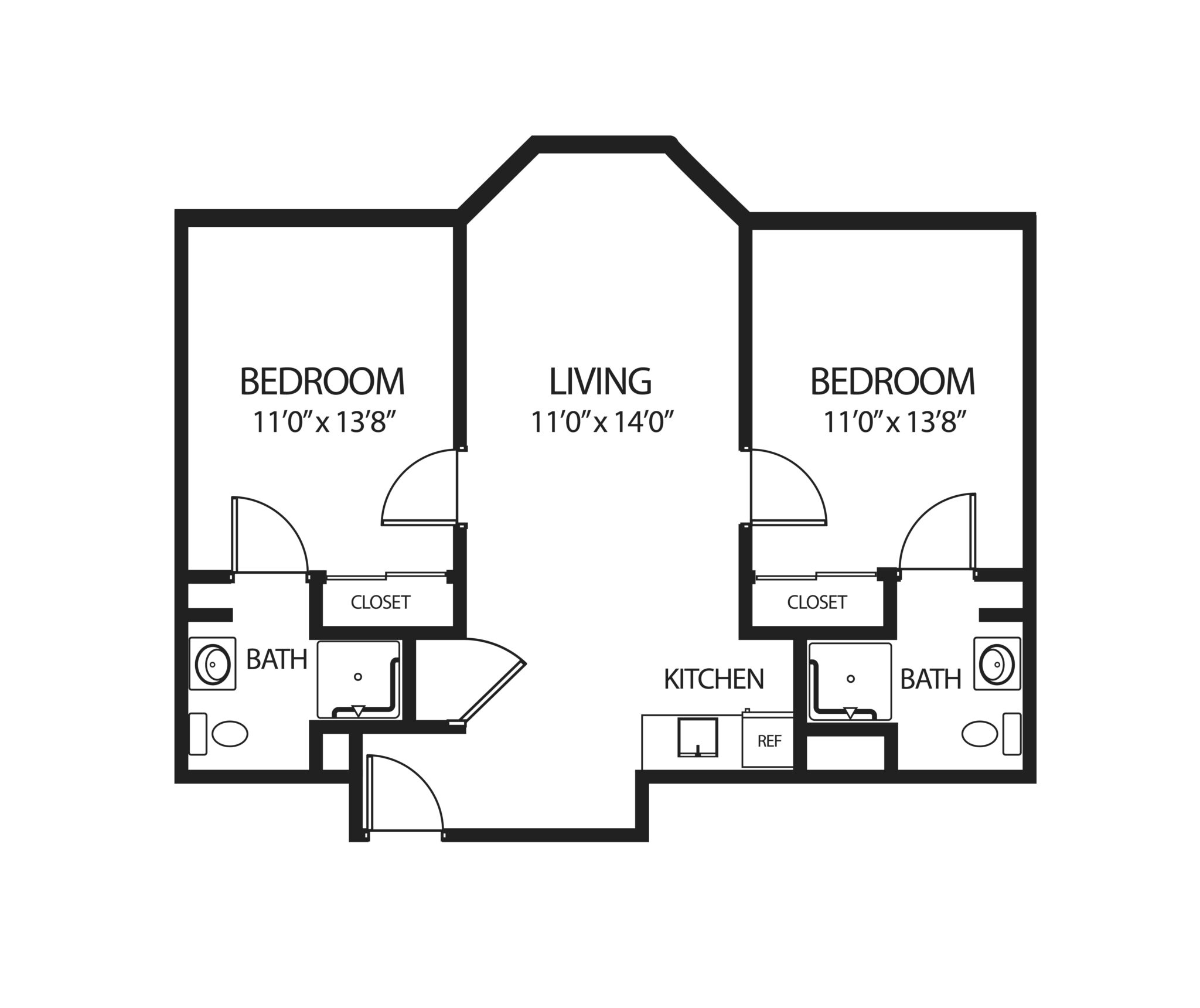 Two-bedroom apartment floor plan with a living room, two bathrooms and kitchen at a senior living community in Springfield, Massachusetts